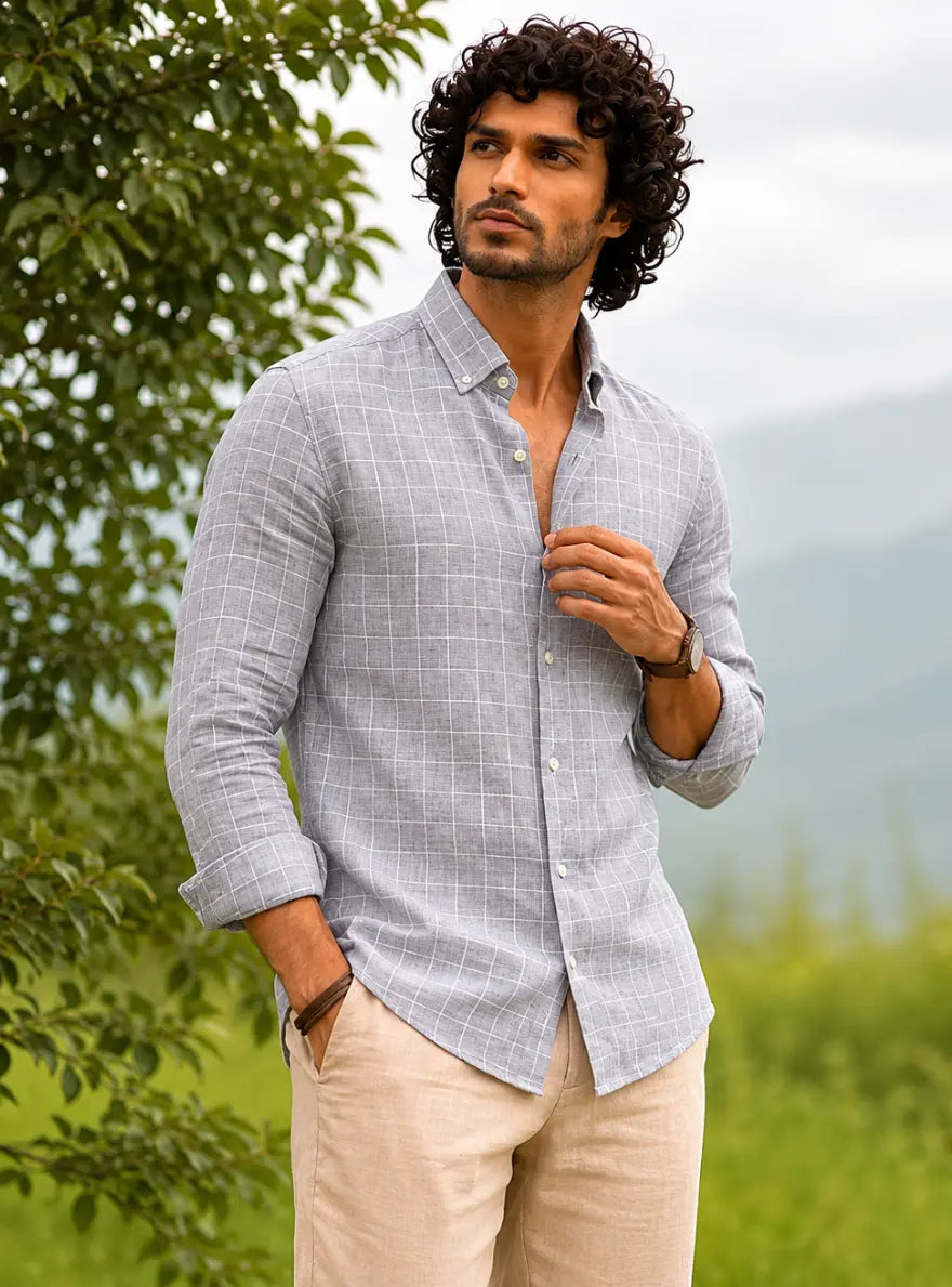 Grey Cheques Linen Shirt